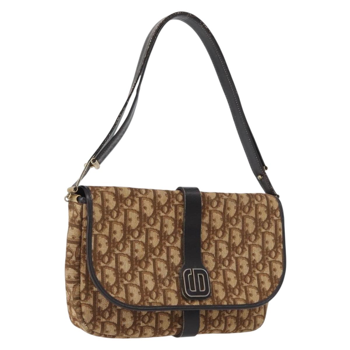 Christian Dior Trotter Canvas Shoulder Bag Brown Gold Auth 172238