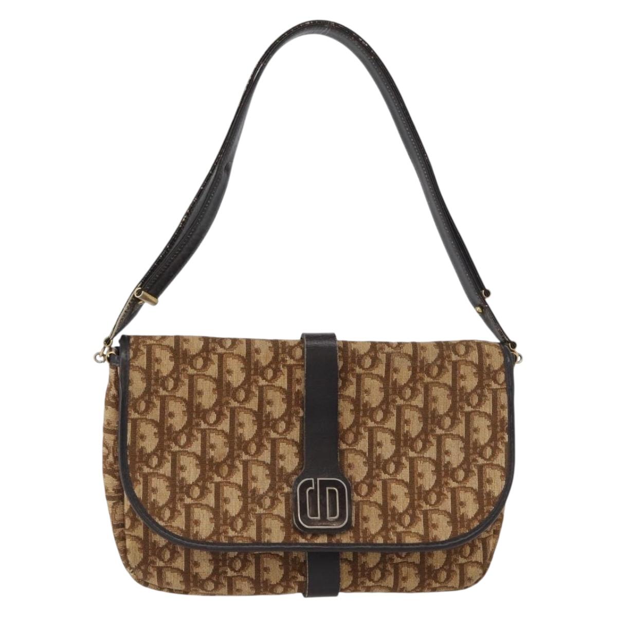 Christian Dior Trotter Canvas Shoulder Bag Brown Gold Auth 172238