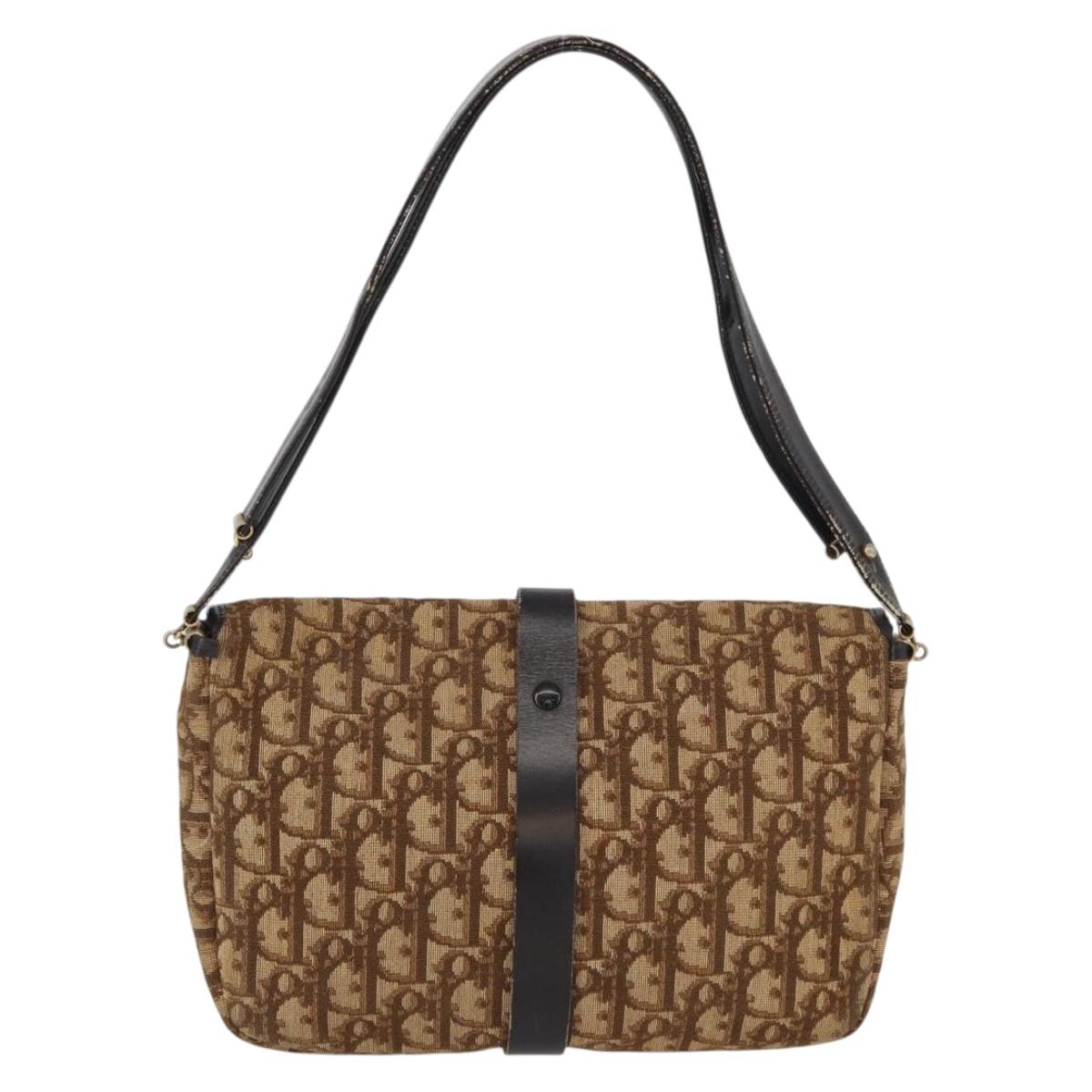 Christian Dior Trotter Canvas Shoulder Bag Brown Gold Auth 172238