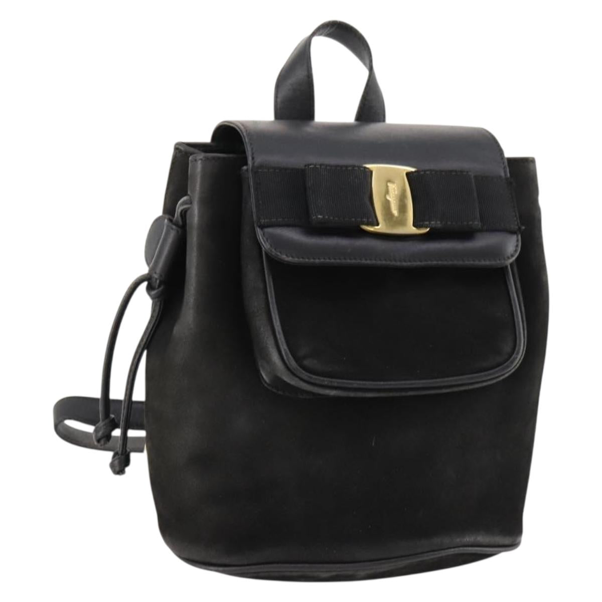 Salvatore Ferragamo Vara Ribbon Backpack Leather Black Gold Auth 172240