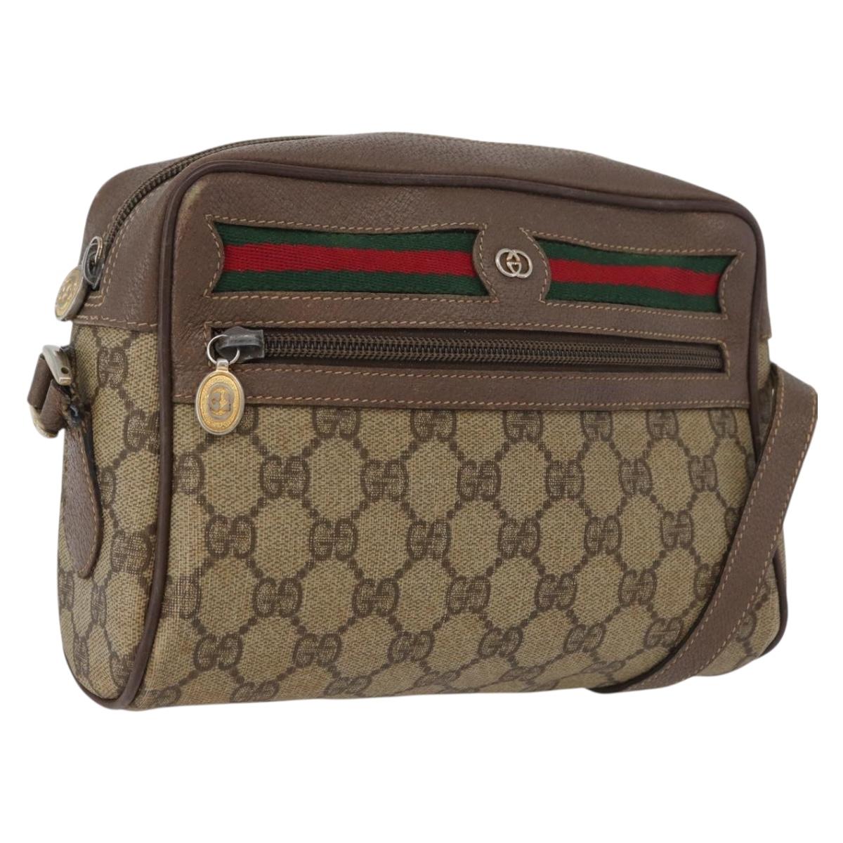 GUCCI GG Supreme Web Sherry Line Shoulder Bag PVC Beige Gold Auth 172270
