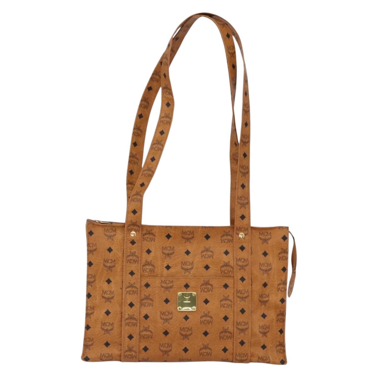 MCM Logogram Vicetos Tote Bag PVC Brown Gold Auth 172274