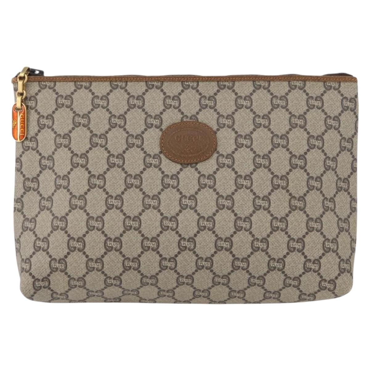 GUCCI GG Plus Supreme Clutch Bag PVC Beige Gold Auth 172282