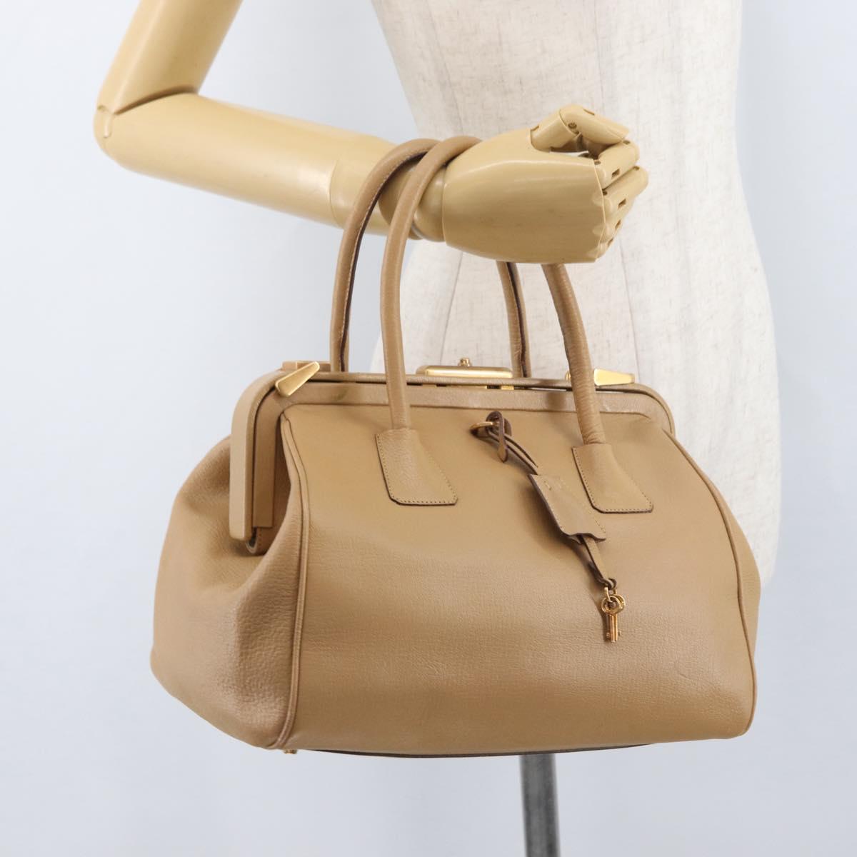 PRADA Hand Bag Leather Beige Gold Auth 172291