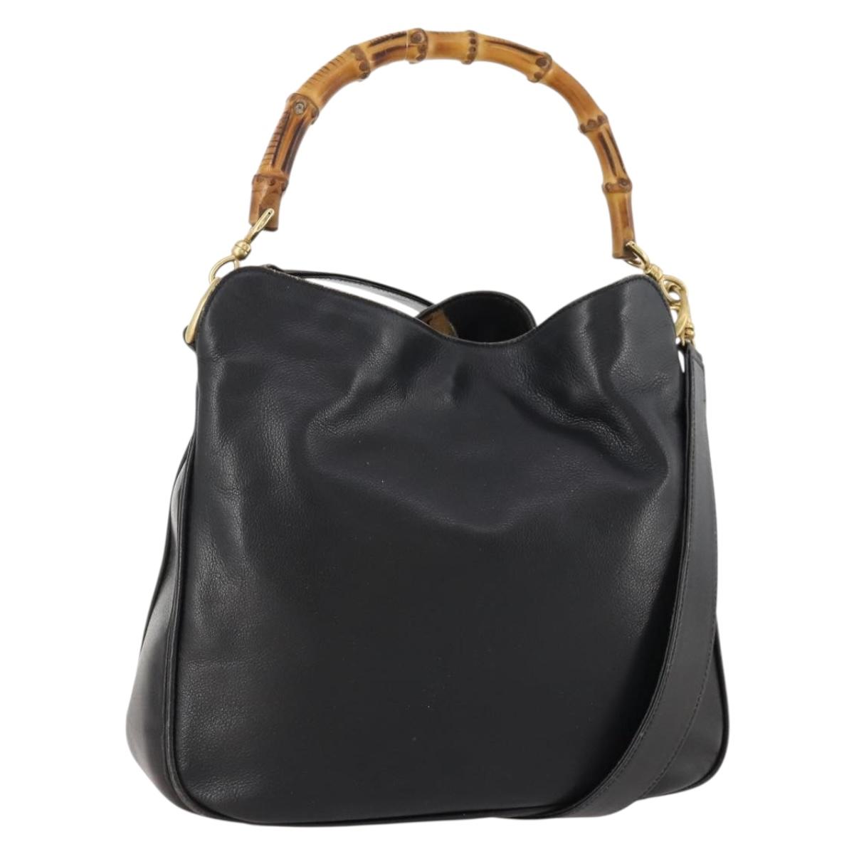 GUCCI Bamboo Hand Bag Leather 2way Black Gold Auth 172300