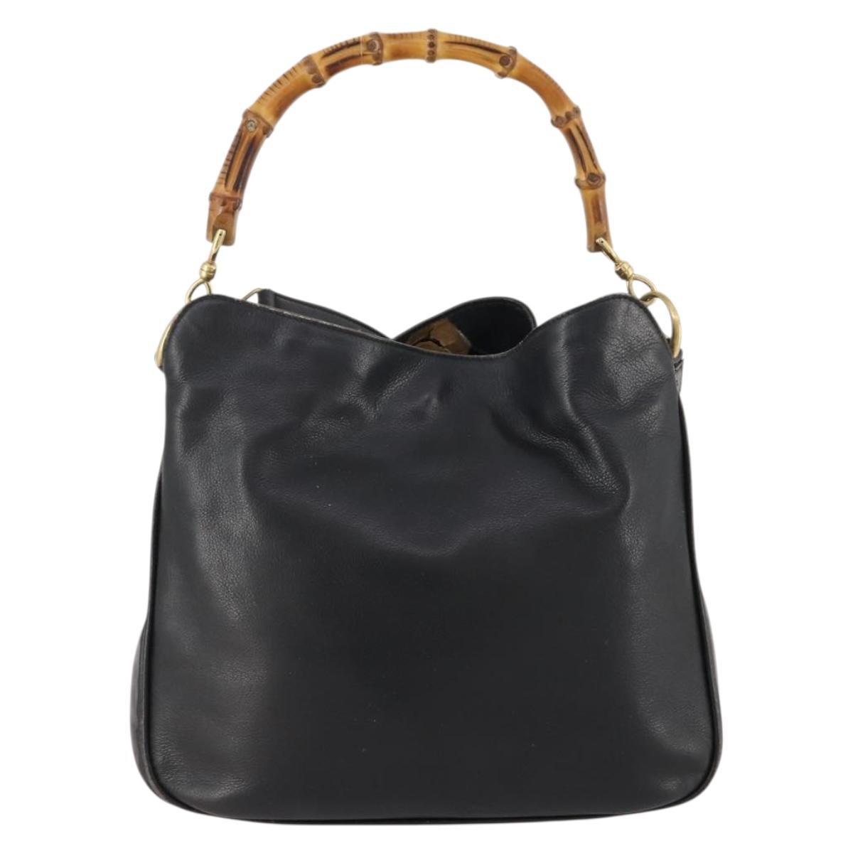 GUCCI Bamboo Hand Bag Leather 2way Black Gold Auth 172300