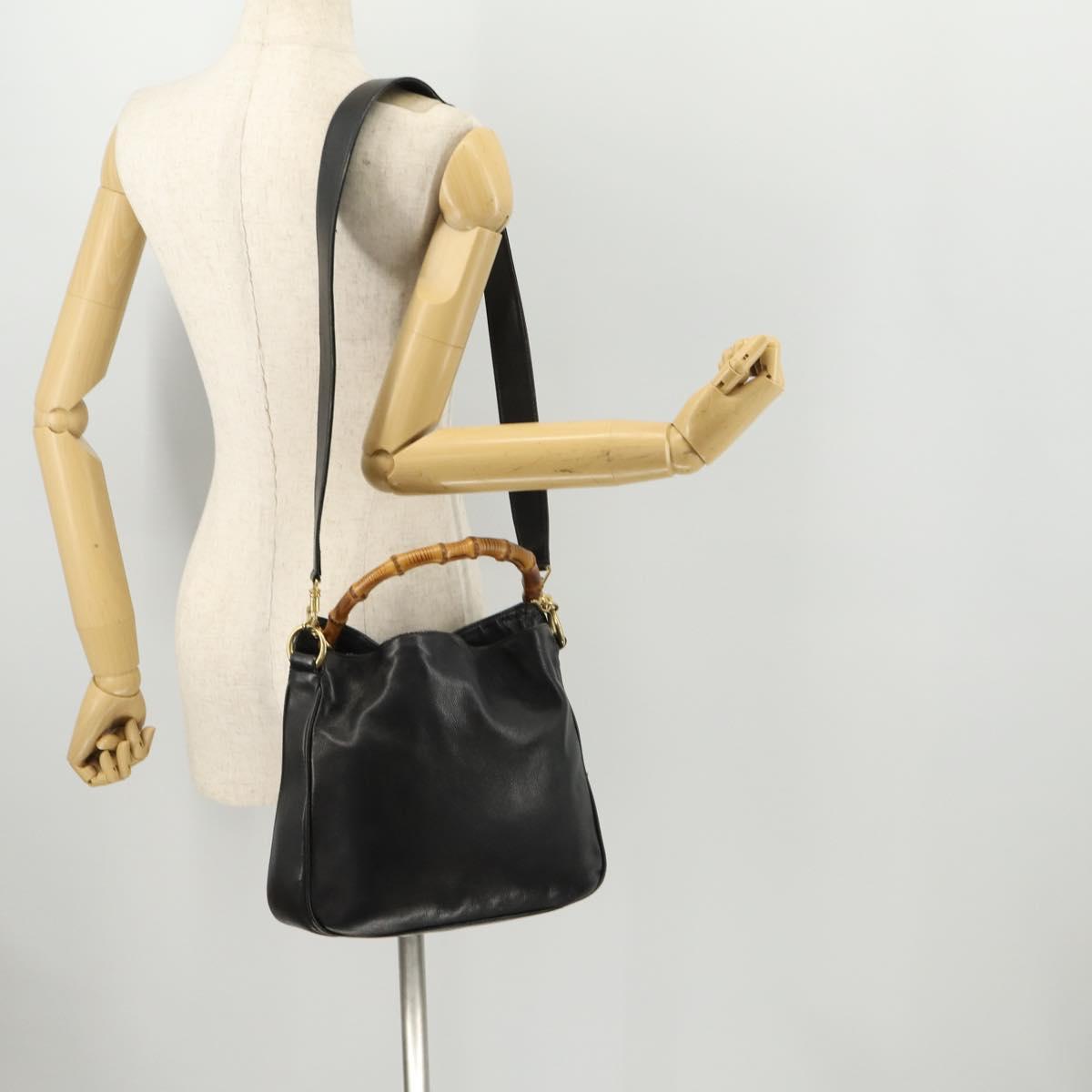 GUCCI Bamboo Hand Bag Leather 2way Black Gold Auth 172300