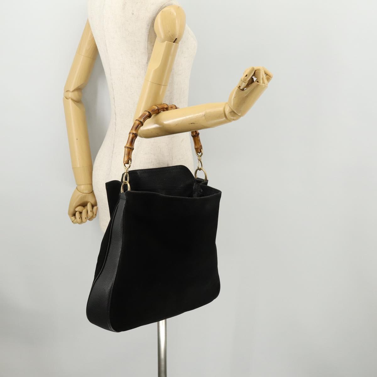GUCCI Bamboo Shoulder Bag Leather Black Gold 001 1998 1577 Auth 172308