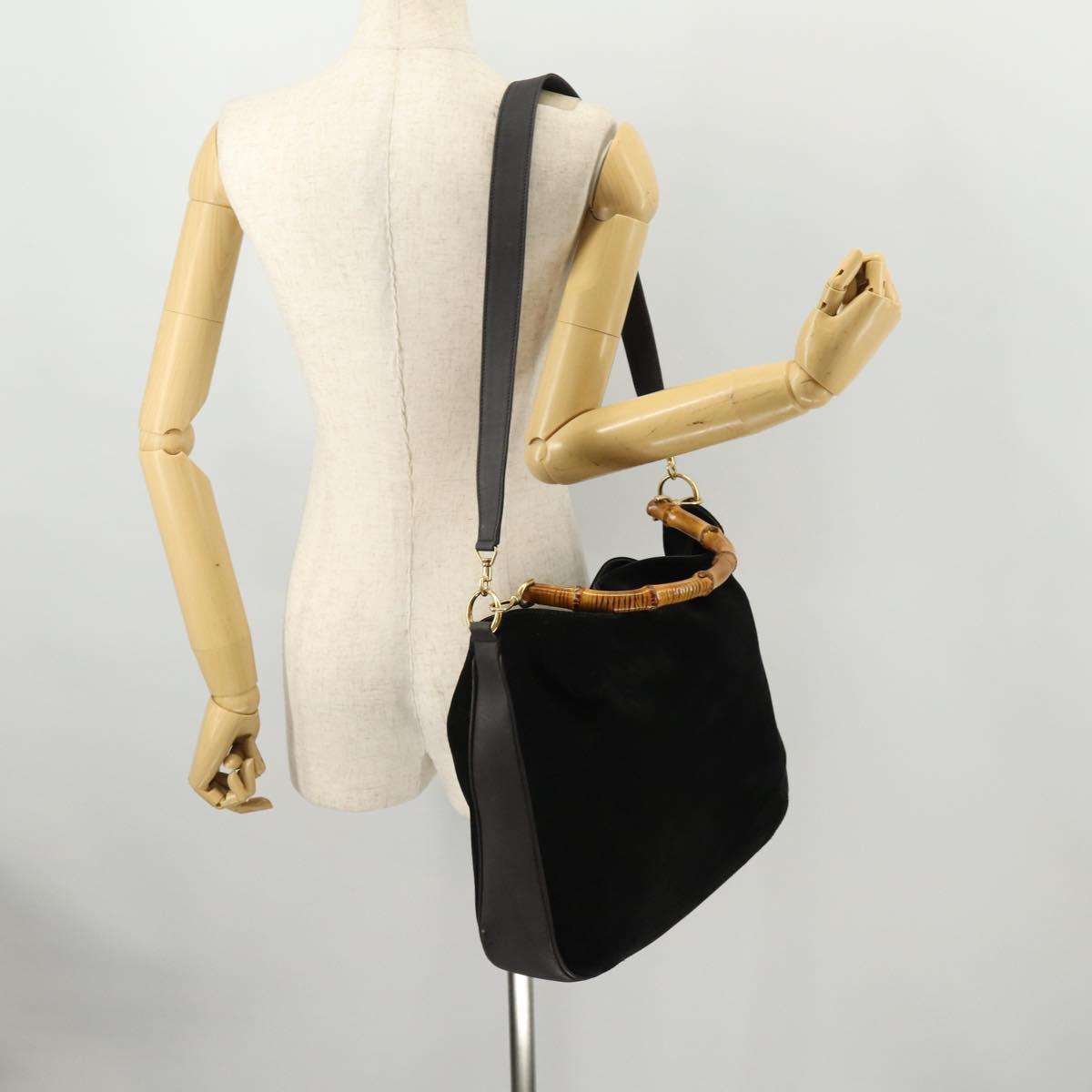 GUCCI Bamboo Shoulder Bag Suede 2way Black Gold Auth 172309