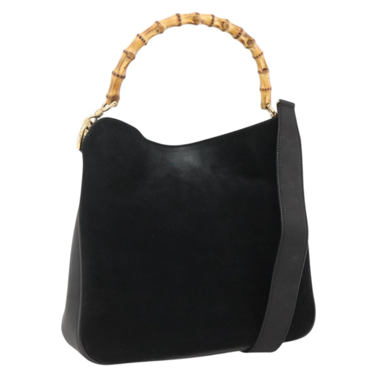 GUCCI Bamboo Shoulder Bag Suede 2way Black Gold 001 2058 1638 0 Auth 172310