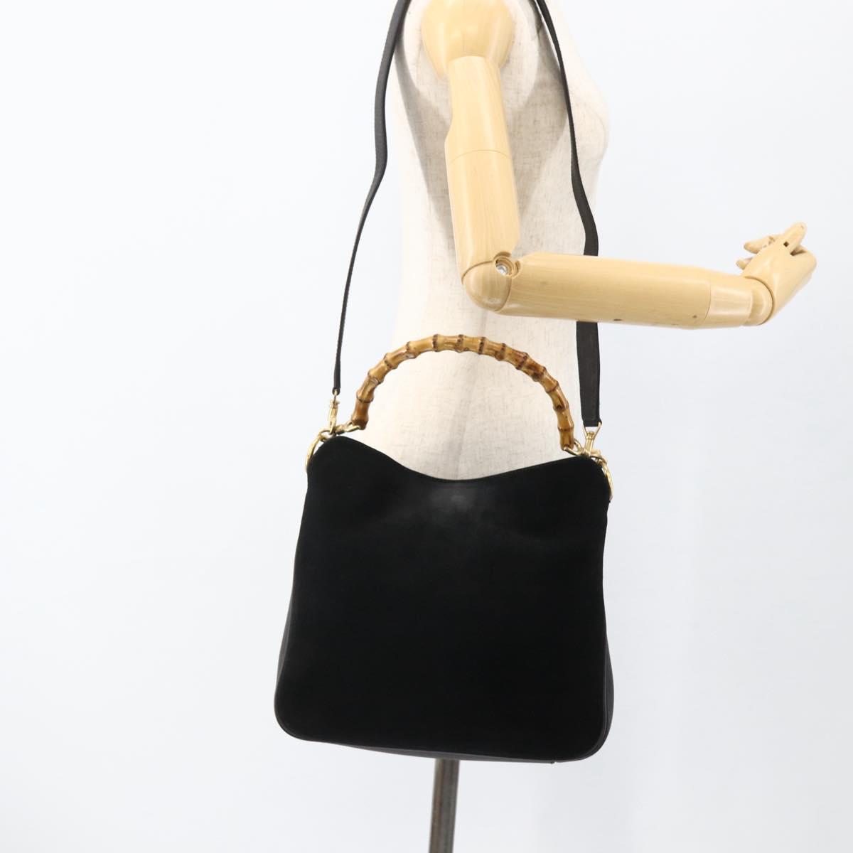 GUCCI Bamboo Shoulder Bag Suede 2way Black Gold 001 2058 1638 0 Auth 172310