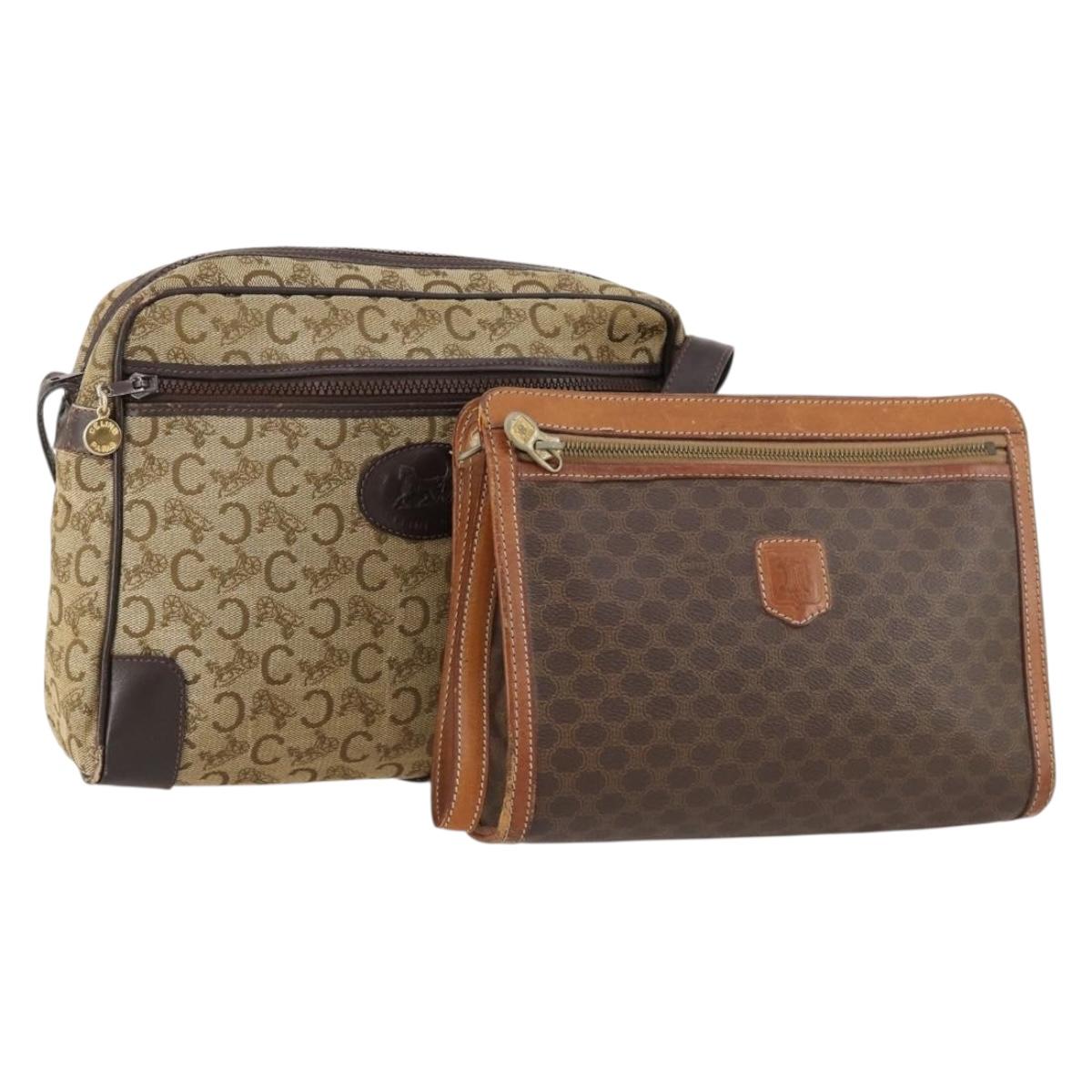 CELINE Macadam Canvas C Sulky Shoulder Bag PVC 2 Set Brown Beige Auth 172314