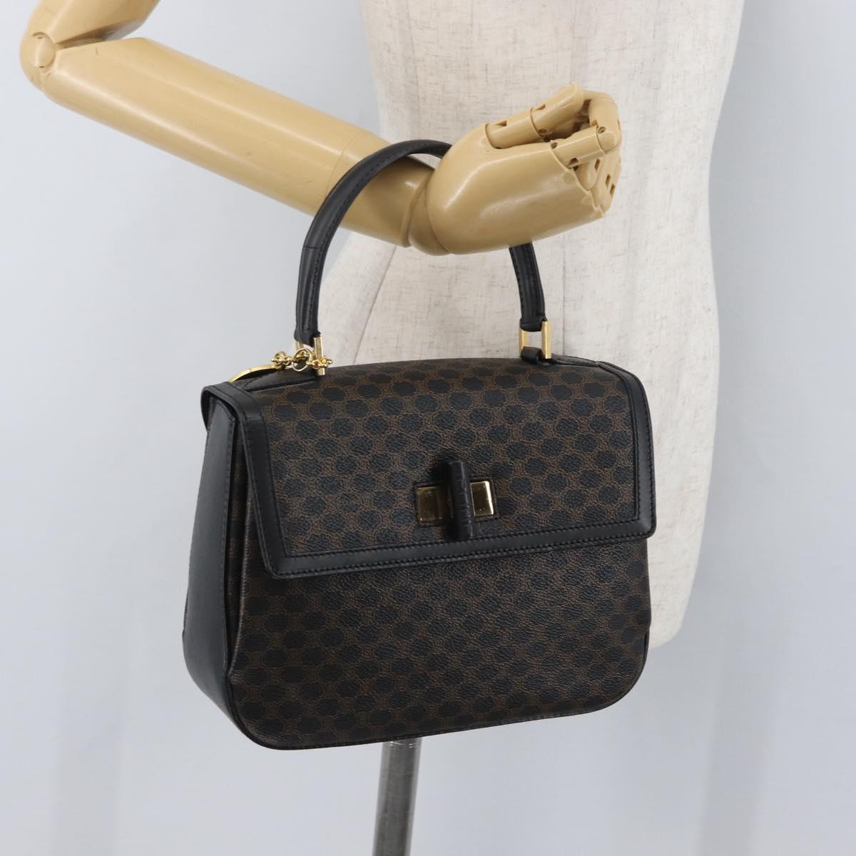 CELINE Circle Macadam Canvas Hand Bag PVC Leather Black Gold Auth 172374
