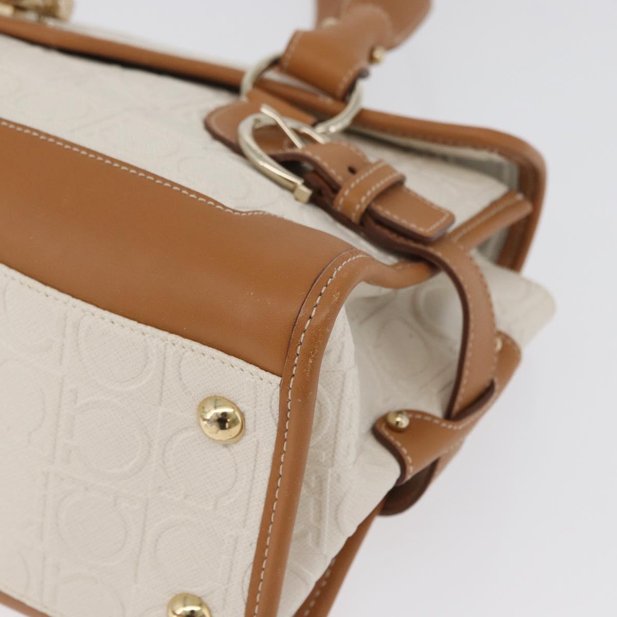 Salvatore Ferragamo Gancini Hand Bag PVC Canvas White Gold Auth 172375