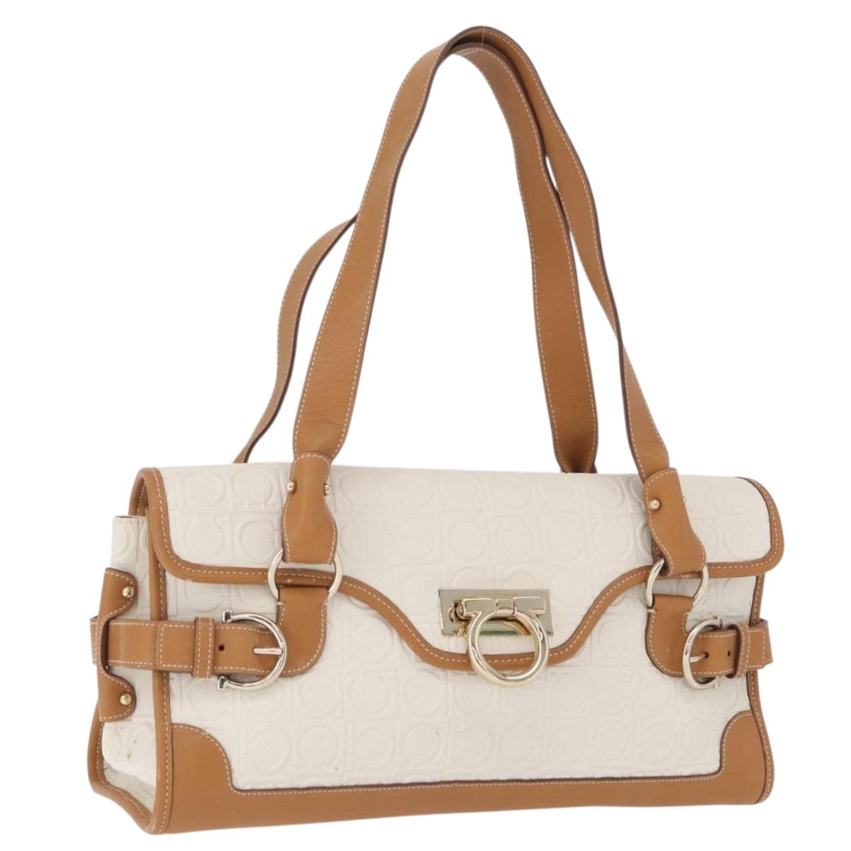 Salvatore Ferragamo Gancini Hand Bag PVC Canvas White Gold Auth 172375