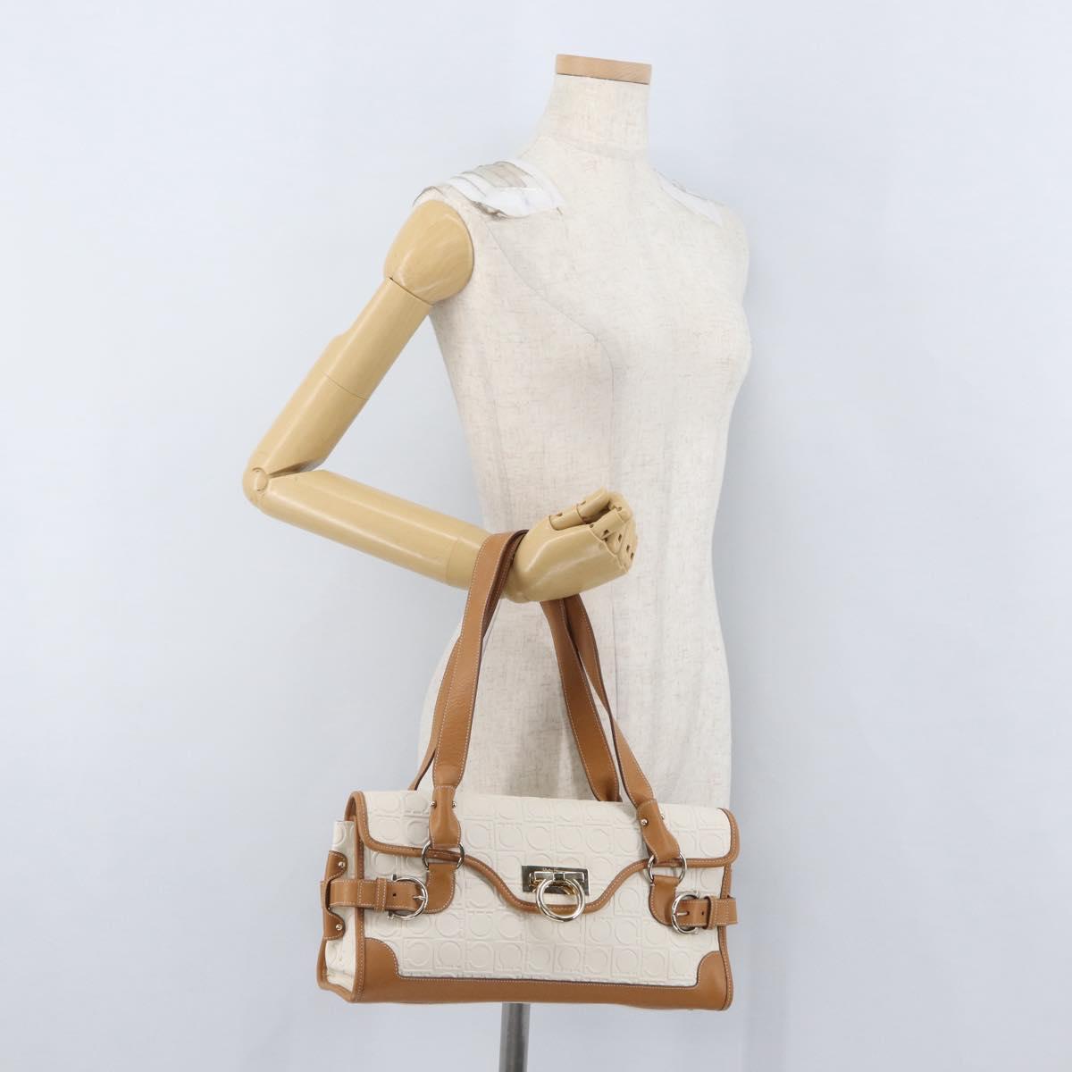 Salvatore Ferragamo Gancini Hand Bag PVC Canvas White Gold Auth 172375