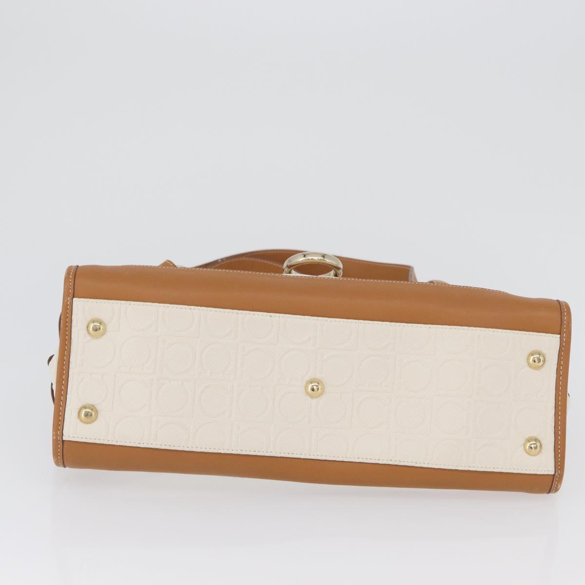 Salvatore Ferragamo Gancini Hand Bag PVC Canvas White Gold Auth 172375