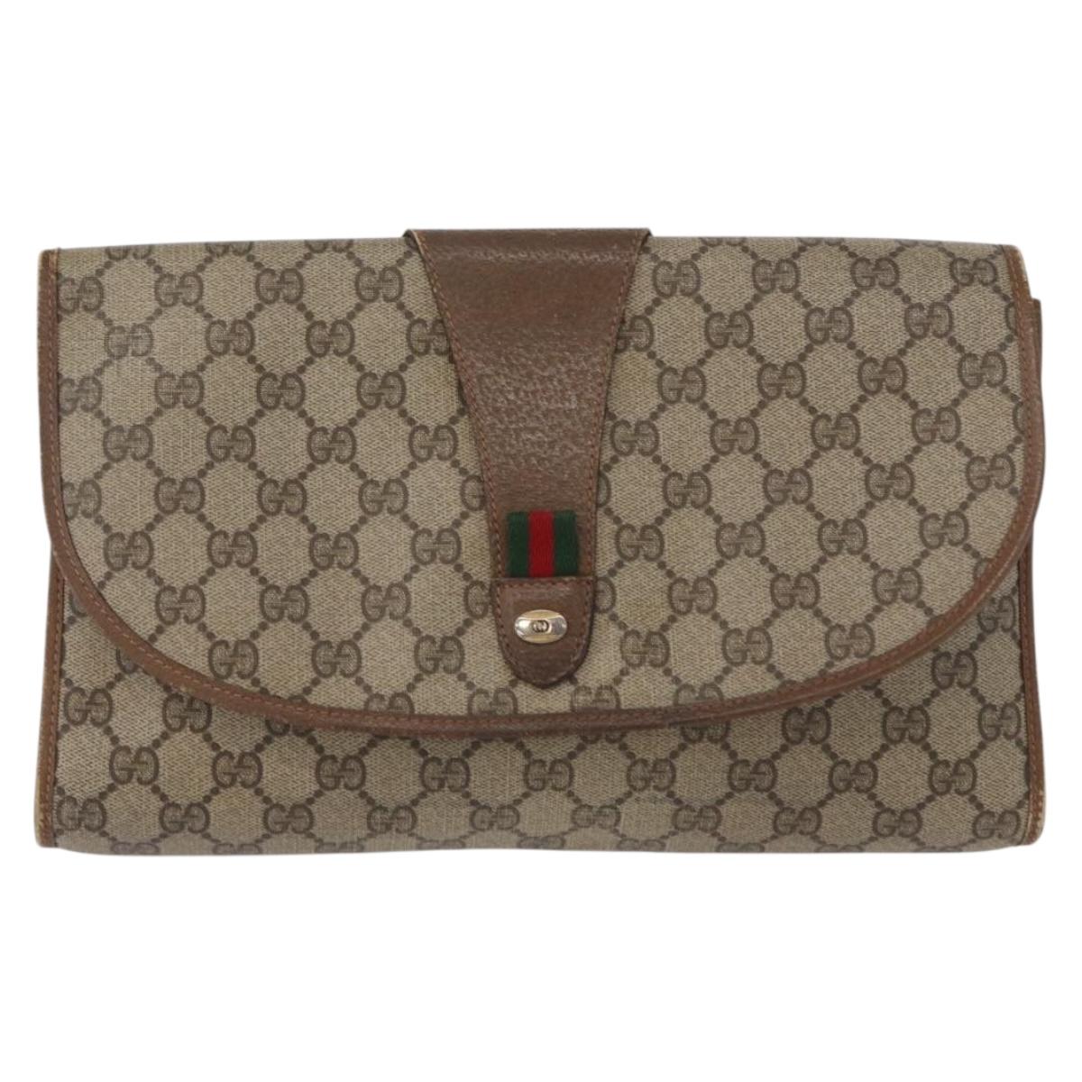 GUCCI GG Supreme Web Sherry Line Clutch Bag PVC Beige Gold 89 01 031 Auth 172384
