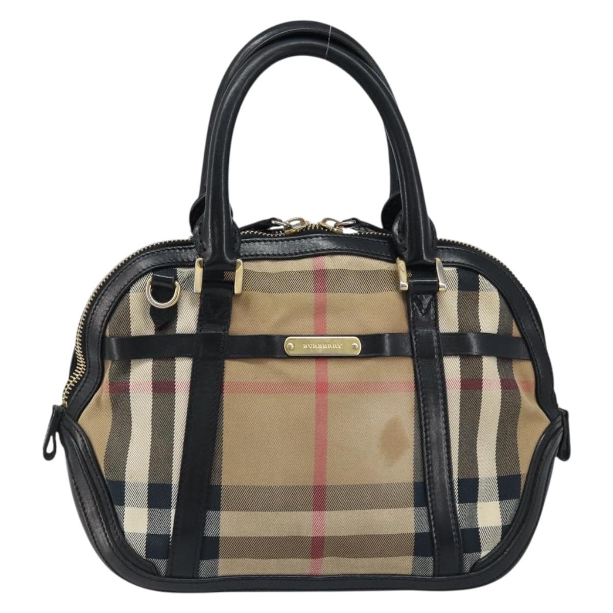 BURBERRY Nova Check Hand Bag Canvas Beige Gold Auth 172387