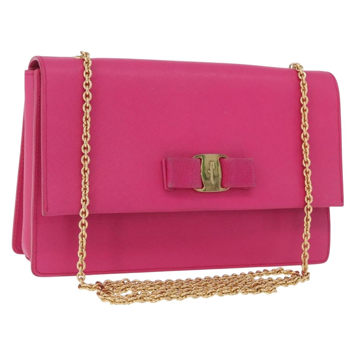 Salvatore Ferragamo Vala Chain Shoulder Bag Leather Pink Gold Auth 172403