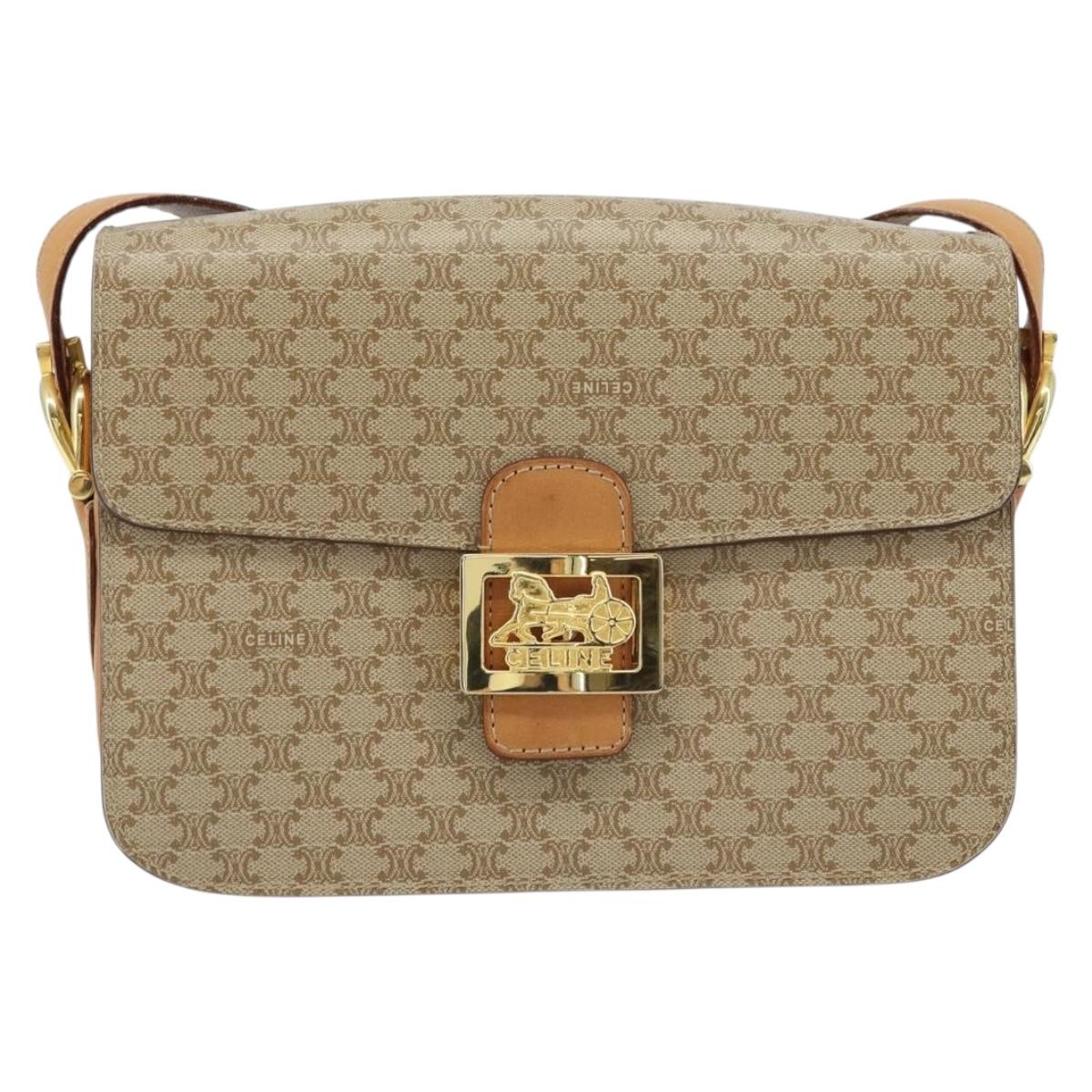 CELINE Macadam Canvas Horse Carriage Shoulder Bag PVC Beige Gold Auth 172407