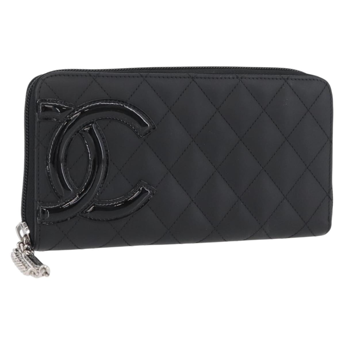 CHANEL Matelasse Cambon Line Long Wallet Leather Black Silver CC Auth 172434SAV