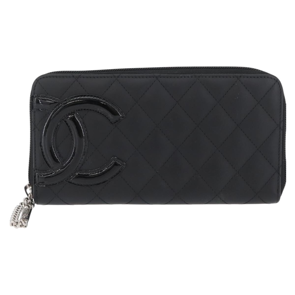 CHANEL Matelasse Cambon Line Long Wallet Leather Black Silver CC Auth 172434SAV