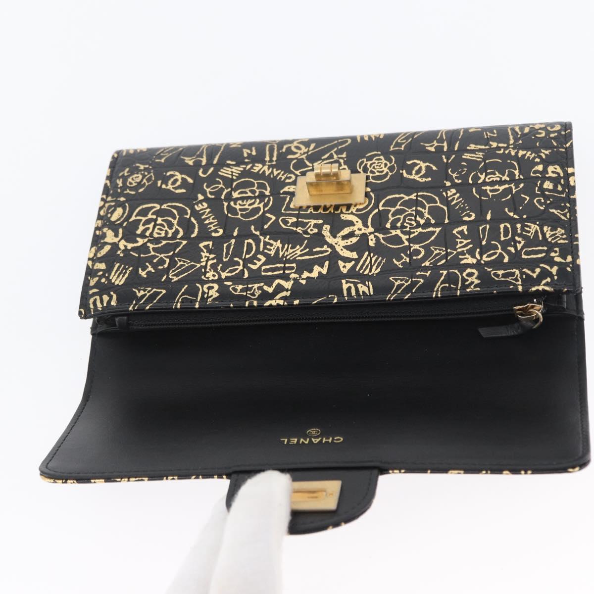 CHANEL 2.55 Long Wallet Croco Embossed Black Gold CC Auth 172450SAV
