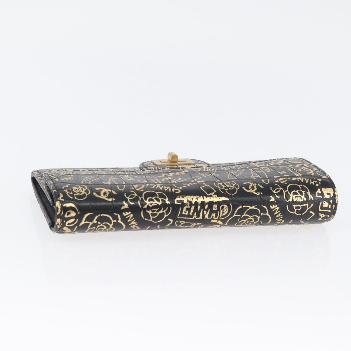 CHANEL 2.55 Long Wallet Croco Embossed Black Gold CC Auth 172450SAV
