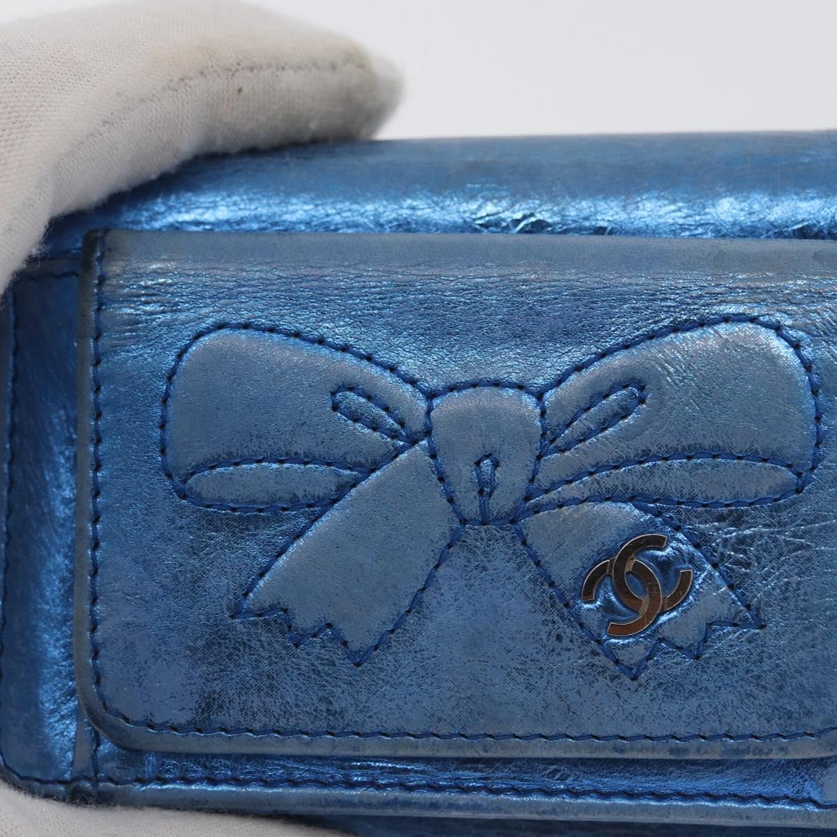 CHANEL Compact Wallet Leather Blue Silver CC Auth 172453
