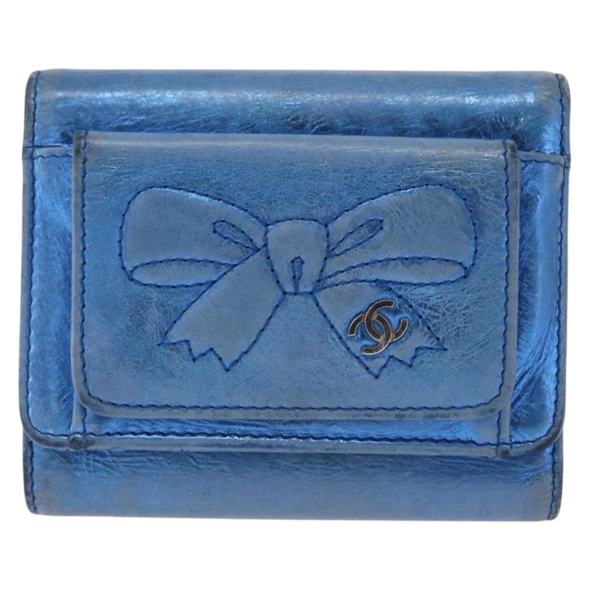 CHANEL Compact Wallet Leather Blue Silver CC Auth 172453