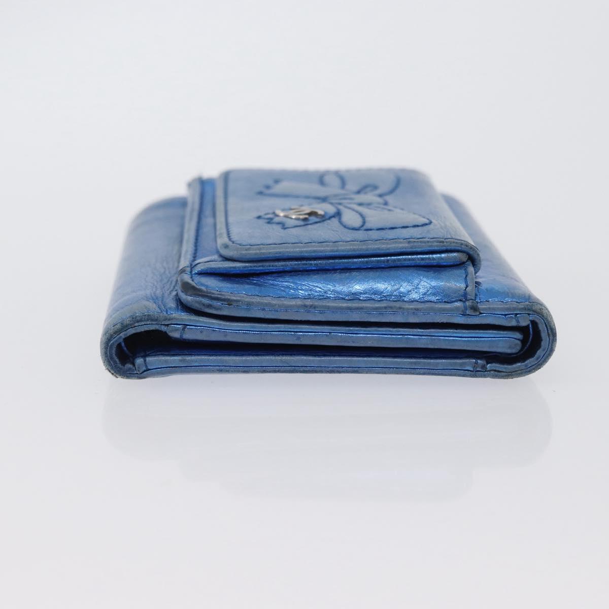 CHANEL Compact Wallet Leather Blue Silver CC Auth 172453