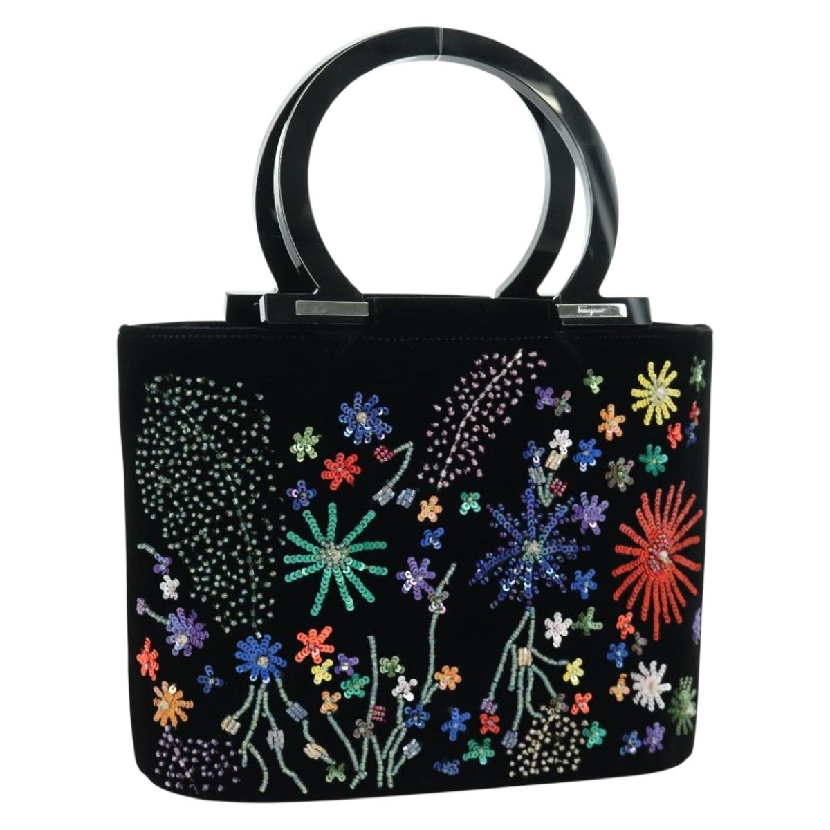 Salvatore Ferragamo beads Hand Bag Velor Black Silver Auth 172459V