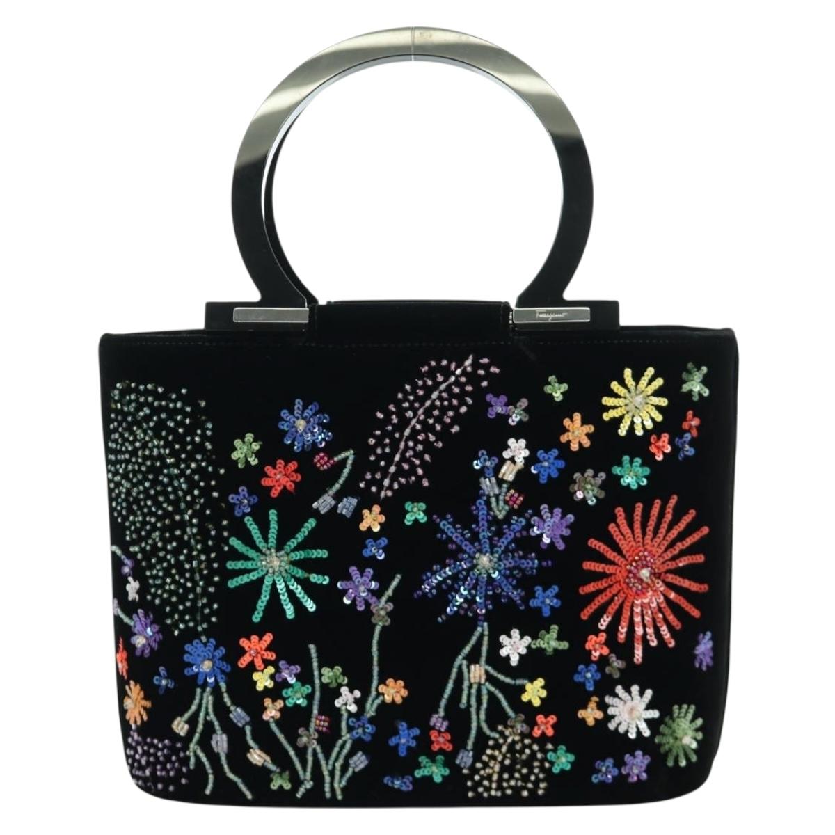 Salvatore Ferragamo beads Hand Bag Velor Black Silver Auth 172459V