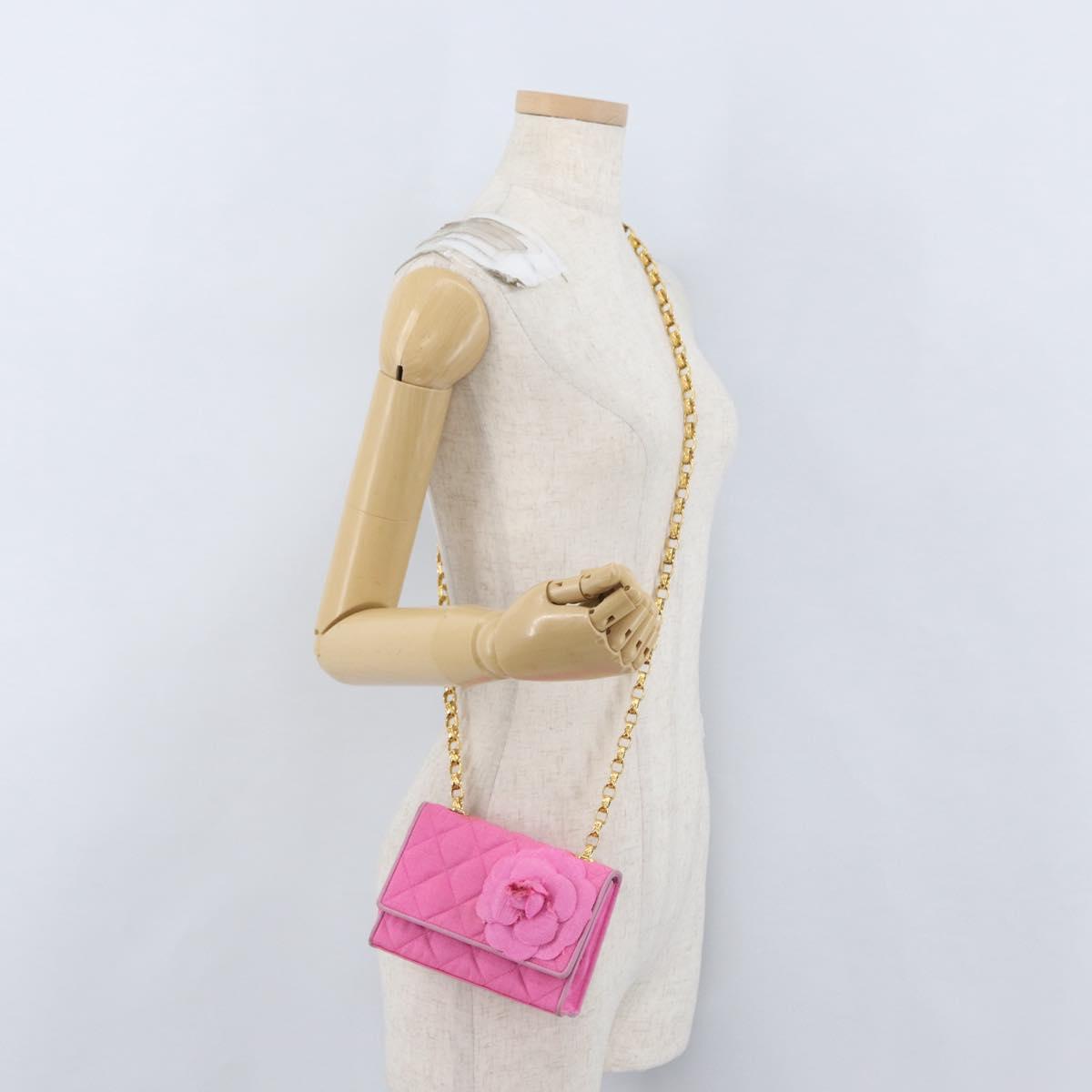 CHANEL Matelasse Chain Camelia Shoulder Bag Canvas Pink Gold CC Auth 172461V