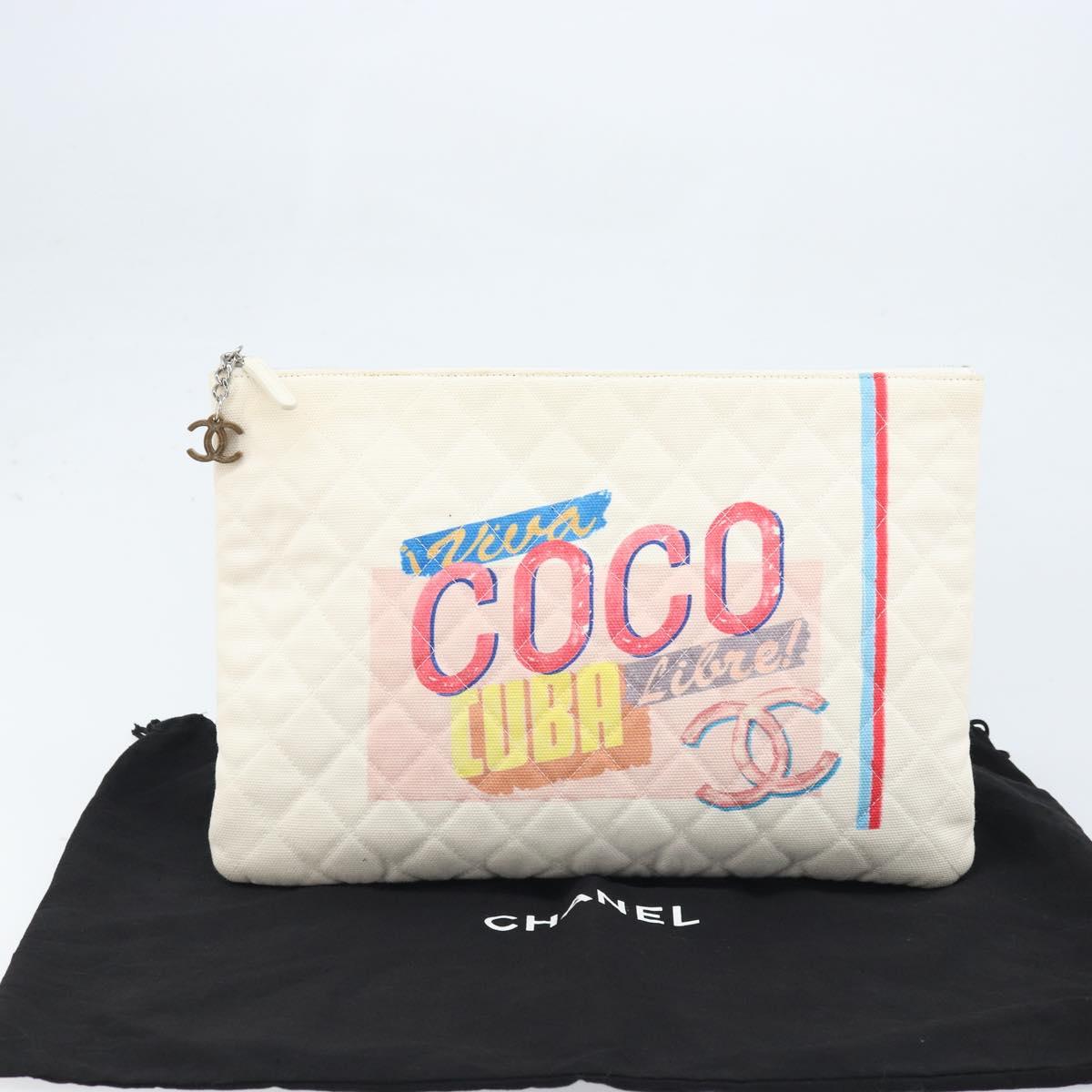 CHANEL Matelasse Clutch Bag Canvas White Silver CC Auth 172468V