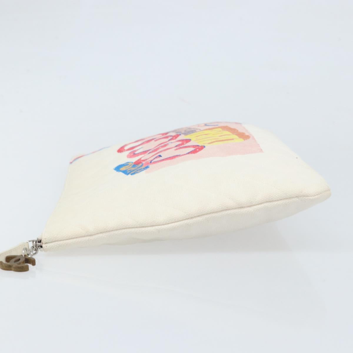 CHANEL Matelasse Clutch Bag Canvas White Silver CC Auth 172468V