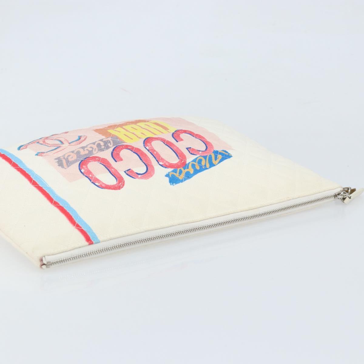 CHANEL Matelasse Clutch Bag Canvas White Silver CC Auth 172468V