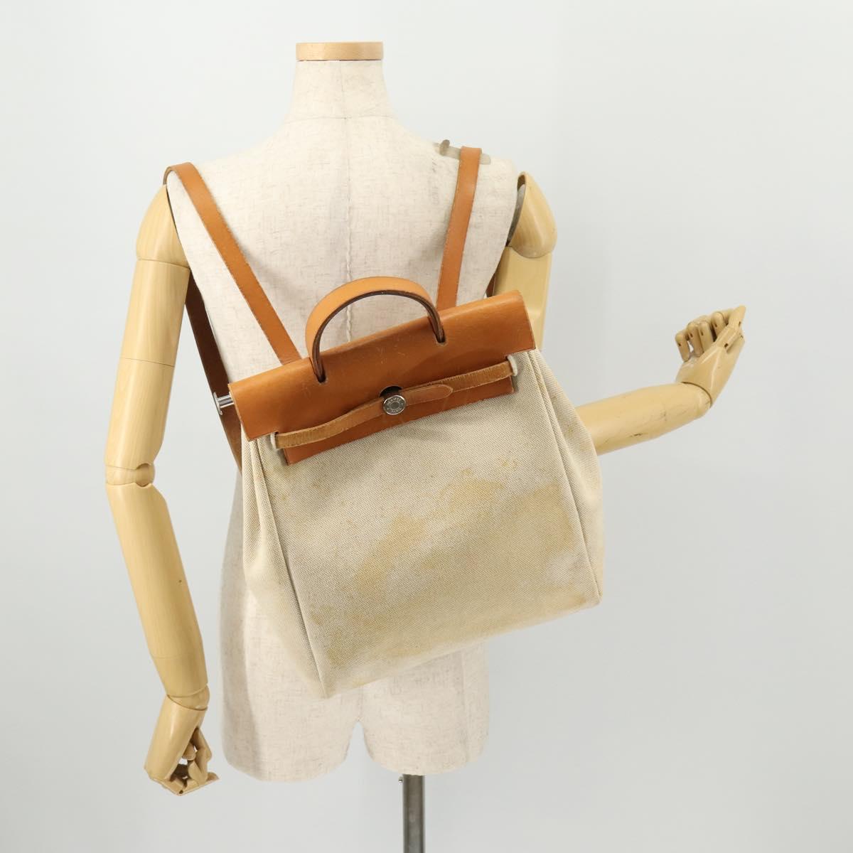 HERMES Herbag Ad PM Backpack Canvas Leather 2way Beige Silver Auth 172481