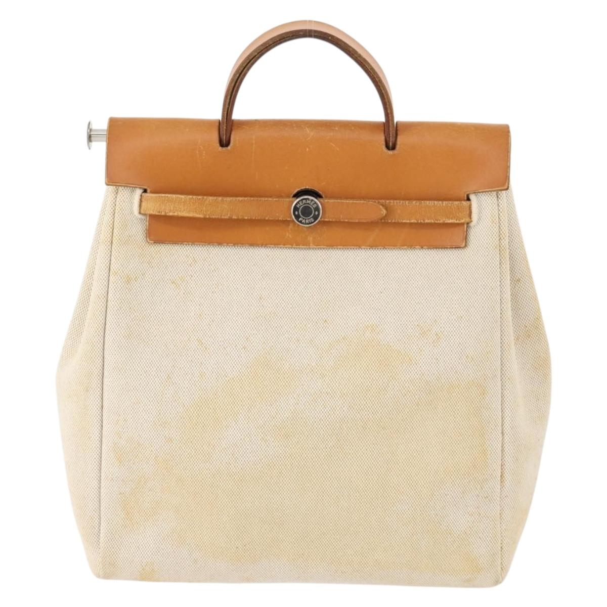 HERMES Herbag Ad PM Backpack Canvas Leather 2way Beige Silver Auth 172481