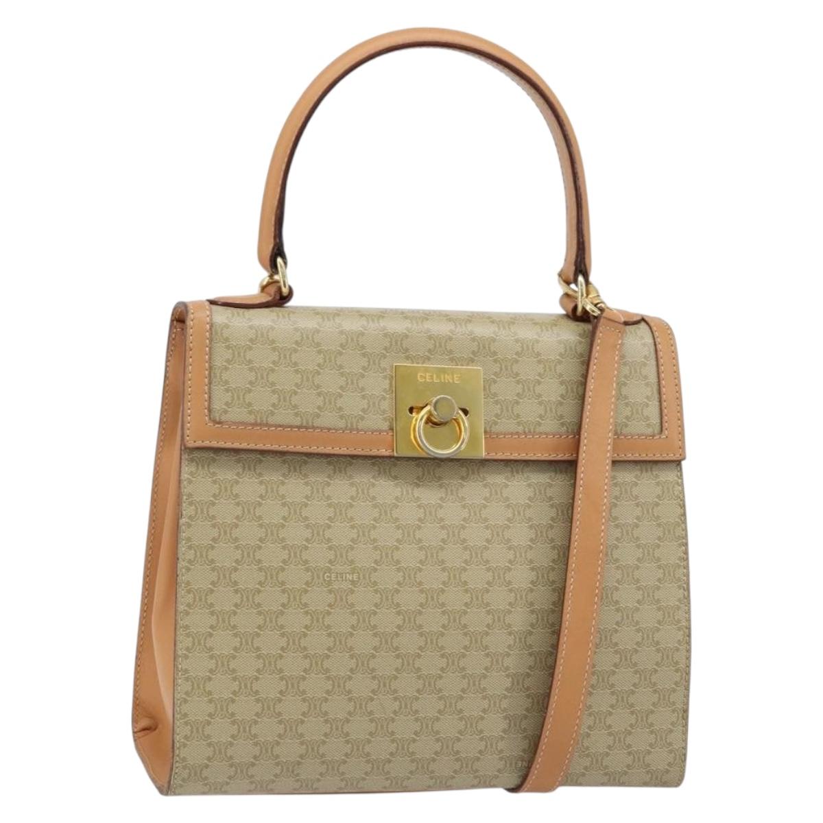 CELINE Macadam Canvas Hand Bag PVC 2way Beige Gold Auth 172510A