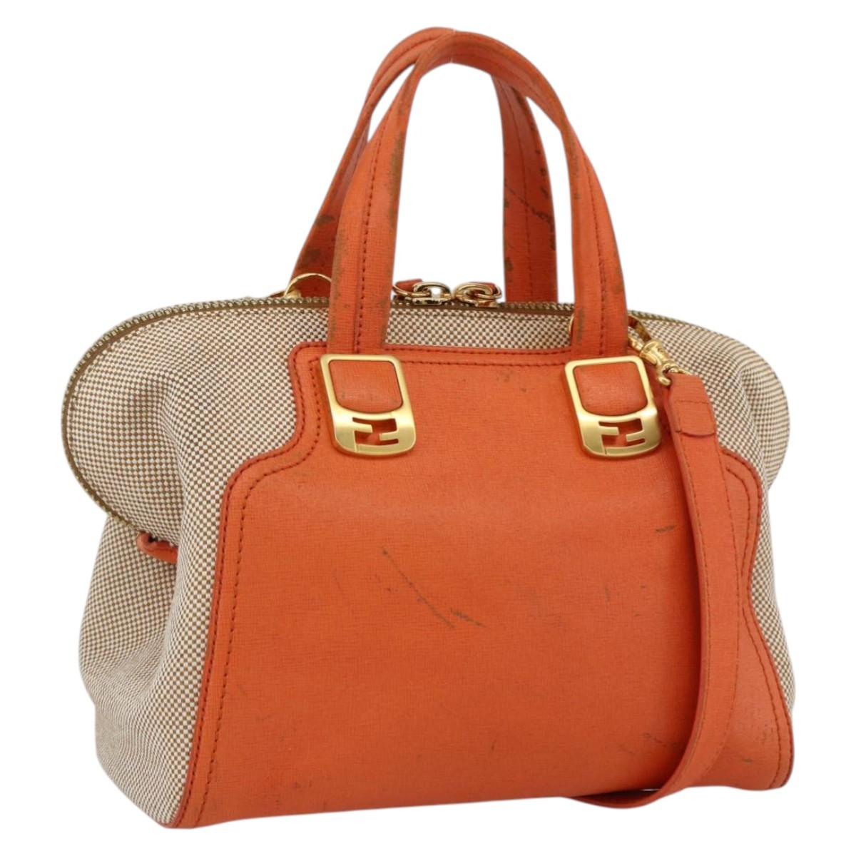 FENDI Chameleon Hand Bag Canvas Leather 2way Orange Gold Auth 172513