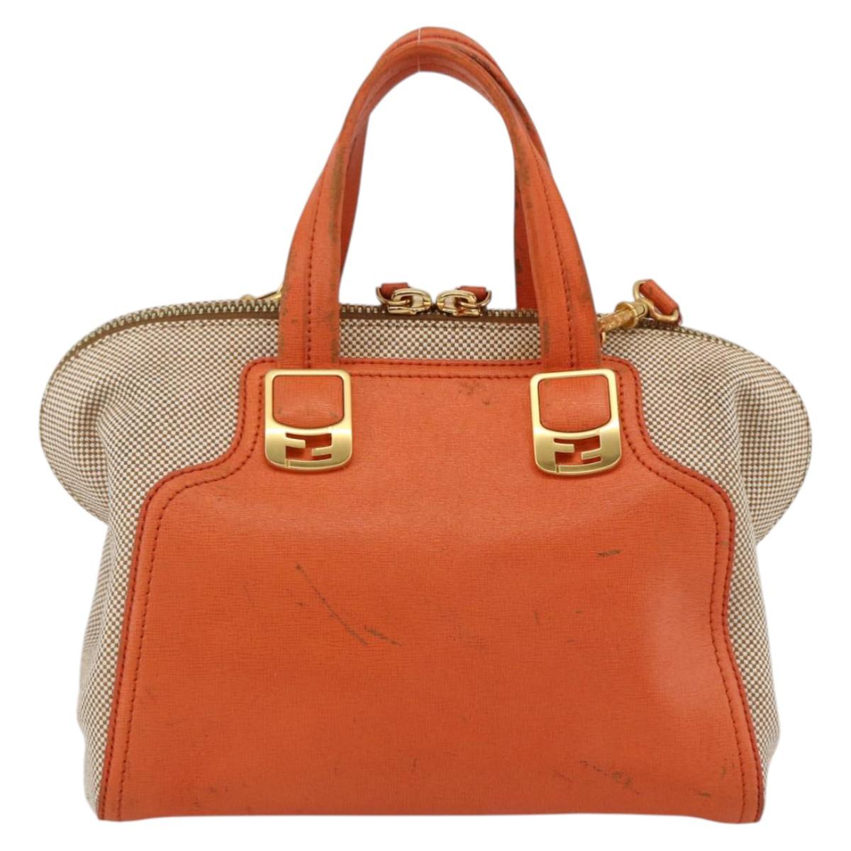 FENDI Chameleon Hand Bag Canvas Leather 2way Orange Gold Auth 172513