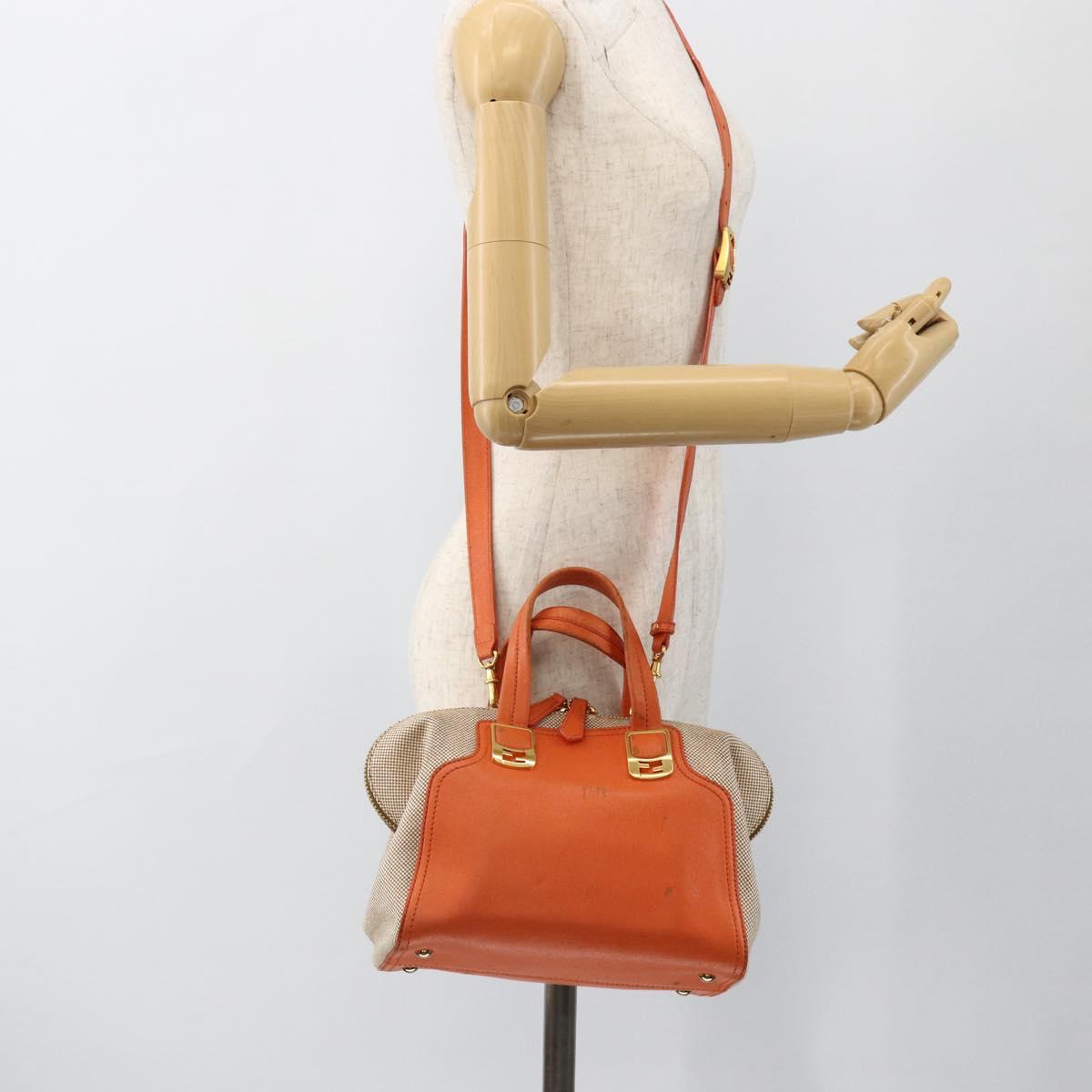 FENDI Chameleon Hand Bag Canvas Leather 2way Orange Gold Auth 172513