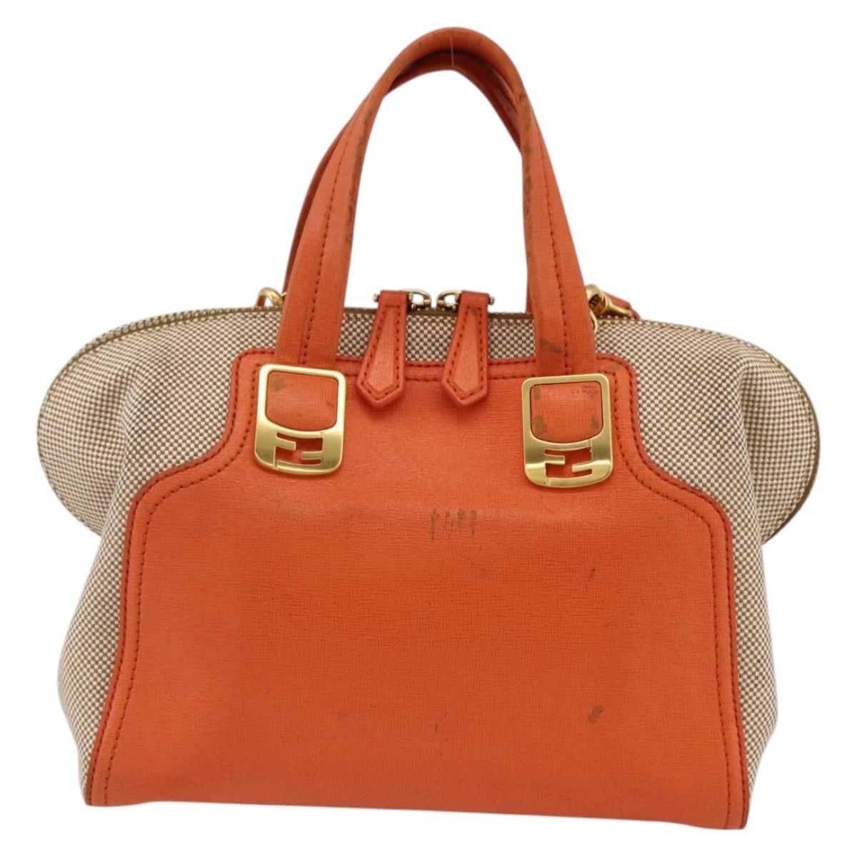 FENDI Chameleon Hand Bag Canvas Leather 2way Orange Gold Auth 172513