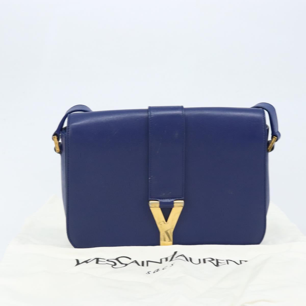 SAINT LAURENT Y Line Shoulder Bag Leather Blue Gold 311214 Auth 172514V