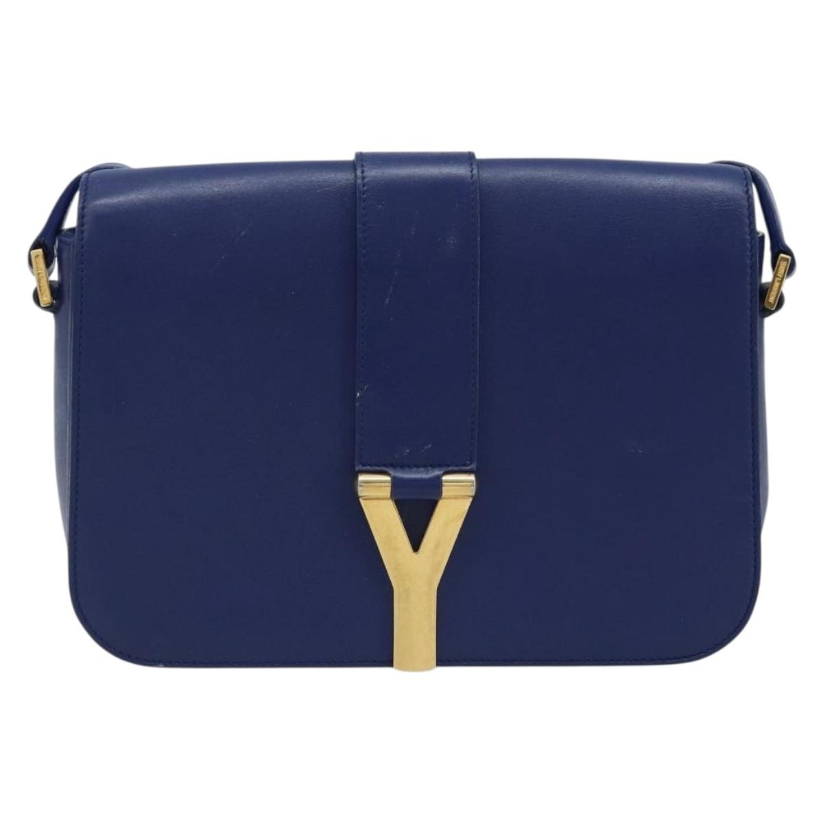 SAINT LAURENT Y Line Shoulder Bag Leather Blue Gold 311214 Auth 172514V