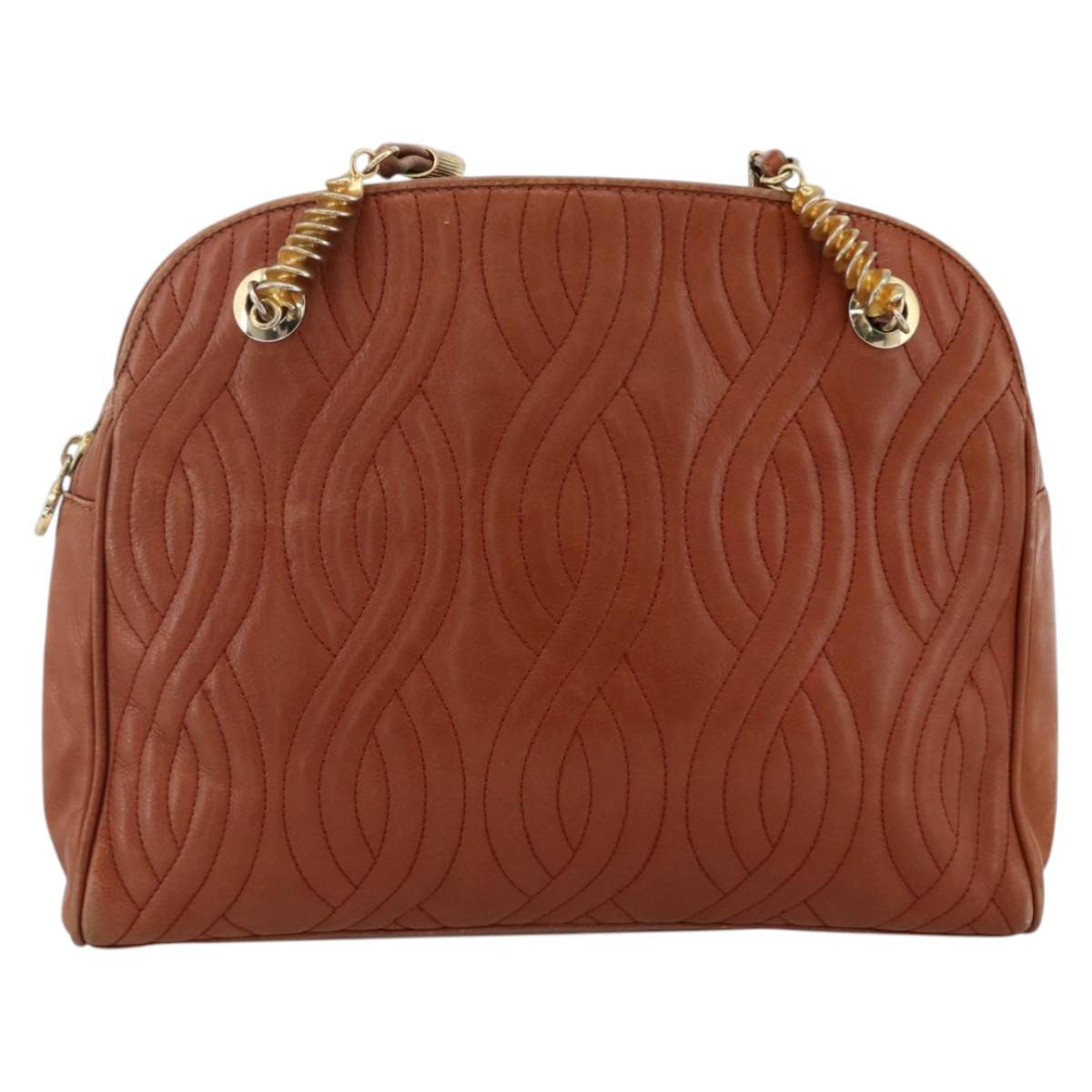 FENDI Macaroni Shoulder Bag Leather Brown Gold Auth 172526