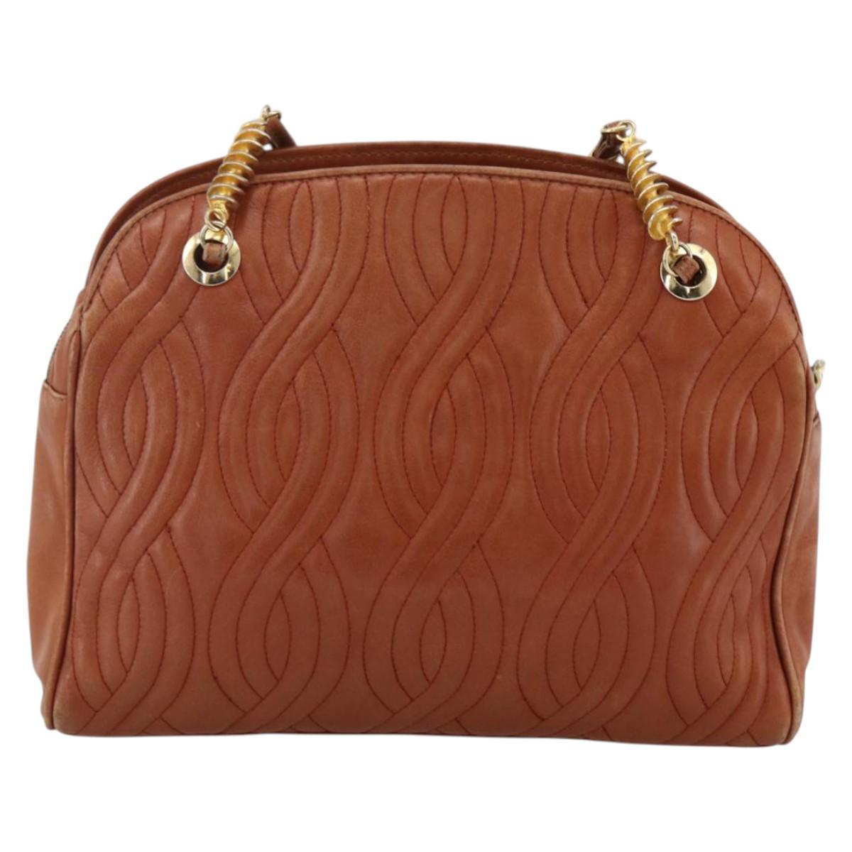 FENDI Macaroni Shoulder Bag Leather Brown Gold Auth 172526
