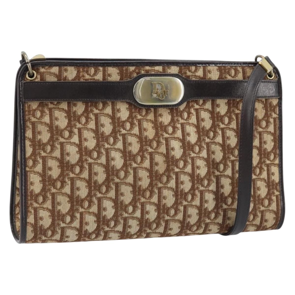 Christian Dior Trotter Canvas Shoulder Bag Beige Gold Auth 172528A